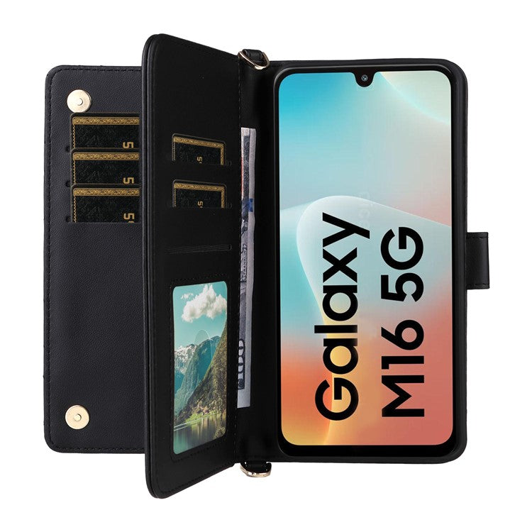 For Samsung Galaxy M16 5G / F16 5G Wallet Case with Shoulder / Wrist Strap Leather Phone Cover Stand - Black