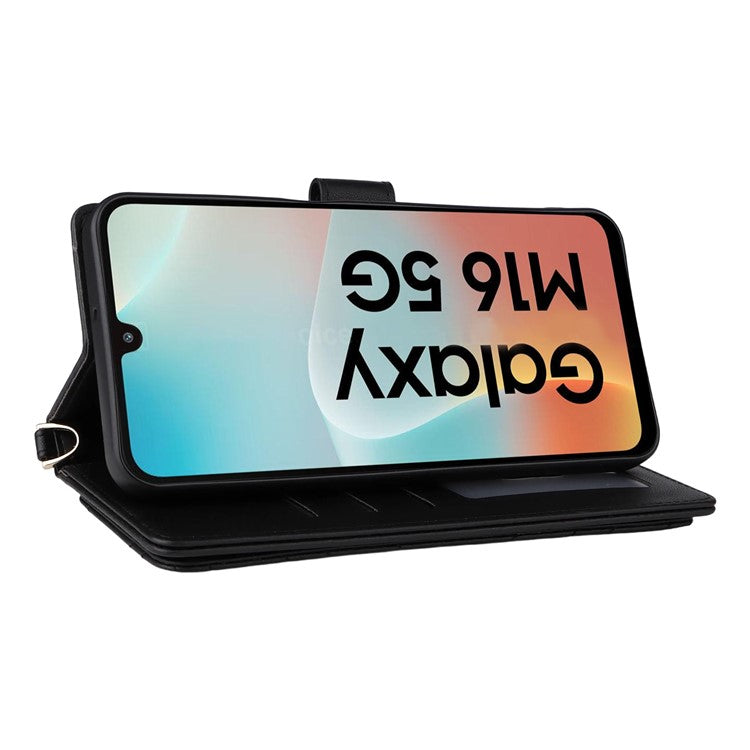 For Samsung Galaxy M16 5G / F16 5G Wallet Case with Shoulder / Wrist Strap Leather Phone Cover Stand - Black