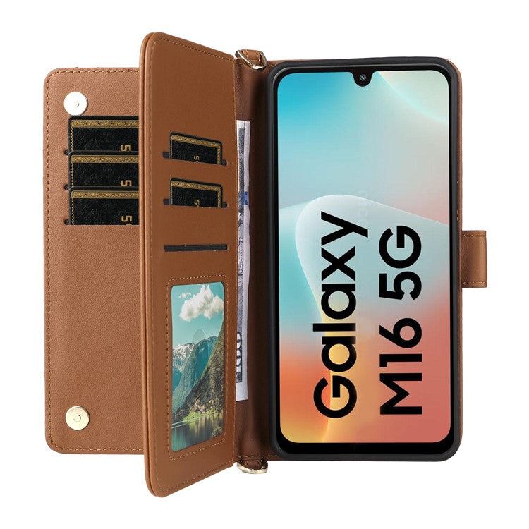 For Samsung Galaxy M16 5G / F16 5G Wallet Case with Shoulder / Wrist Strap Leather Phone Cover Stand - Brown