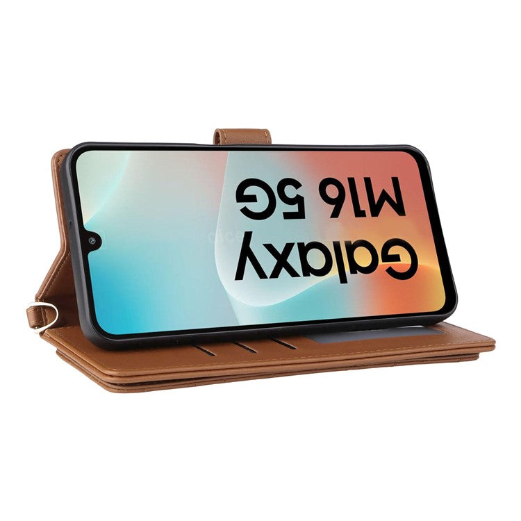 For Samsung Galaxy M16 5G / F16 5G Wallet Case with Shoulder / Wrist Strap Leather Phone Cover Stand - Brown