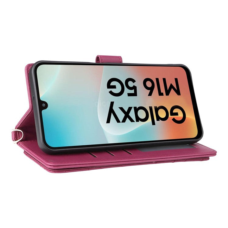 For Samsung Galaxy M16 5G / F16 5G Wallet Case with Shoulder / Wrist Strap Leather Phone Cover Stand - Rose