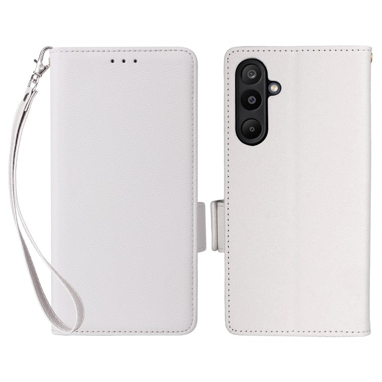 For Samsung Galaxy M16 5G / F16 5G Case with Wrist Strap Litchi Texture PU Leather Wallet Phone Cover - White