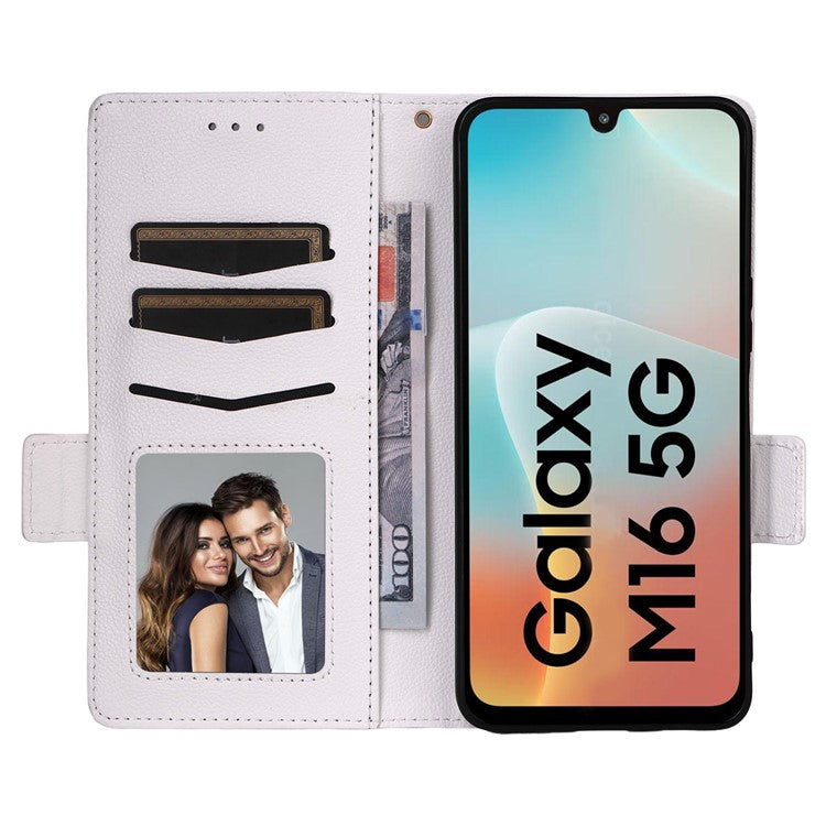 For Samsung Galaxy M16 5G / F16 5G Case with Wrist Strap Litchi Texture PU Leather Wallet Phone Cover - White