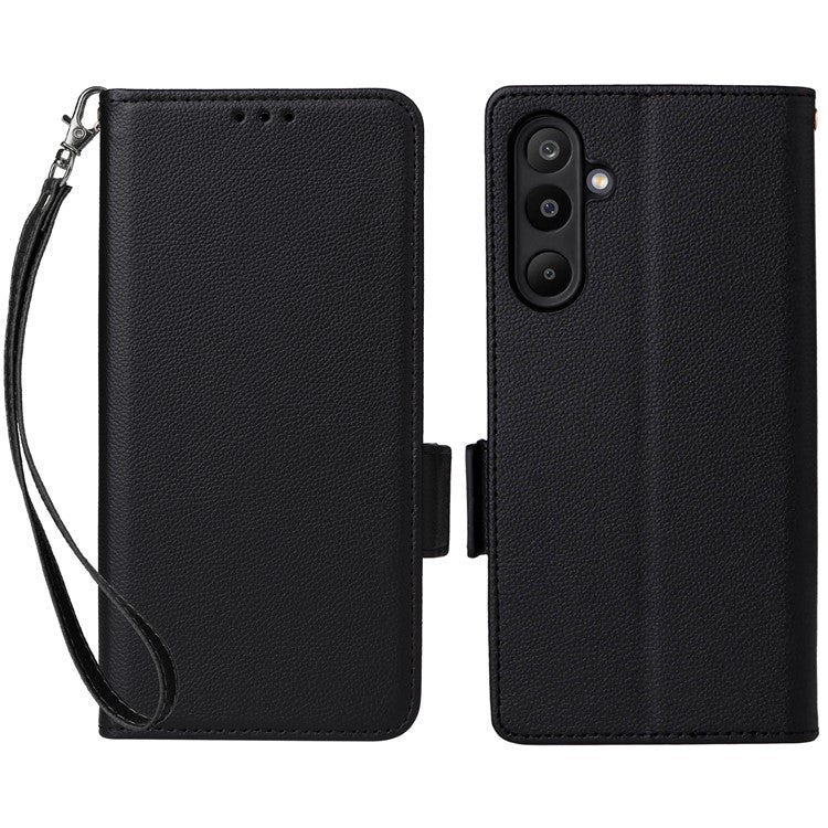 For Samsung Galaxy M16 5G / F16 5G Case with Wrist Strap Litchi Texture PU Leather Wallet Phone Cover - Black