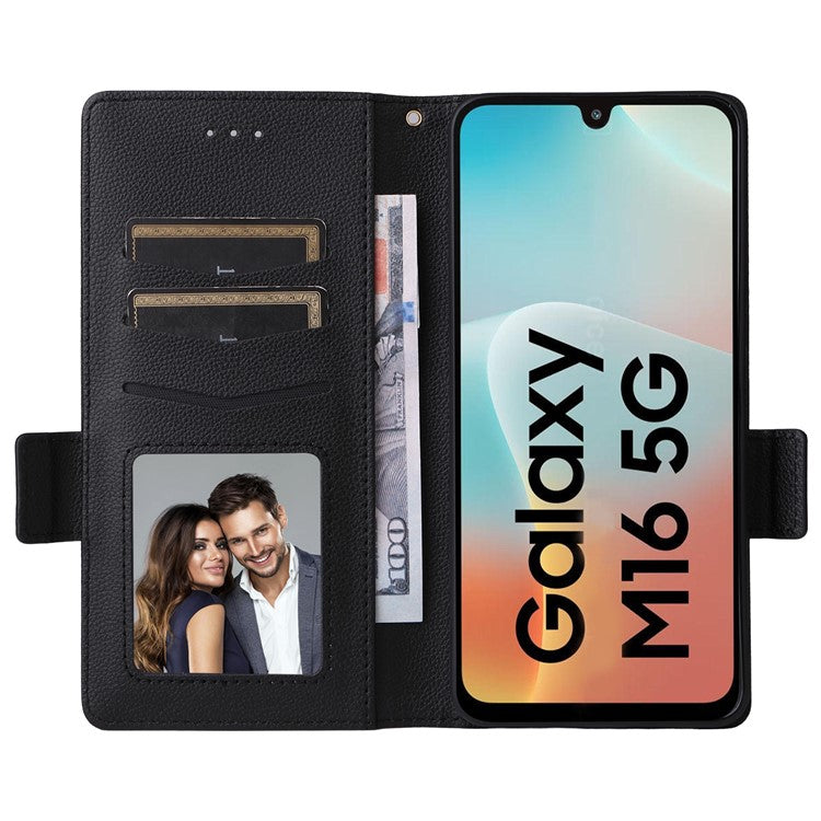 For Samsung Galaxy M16 5G / F16 5G Case with Wrist Strap Litchi Texture PU Leather Wallet Phone Cover - Black