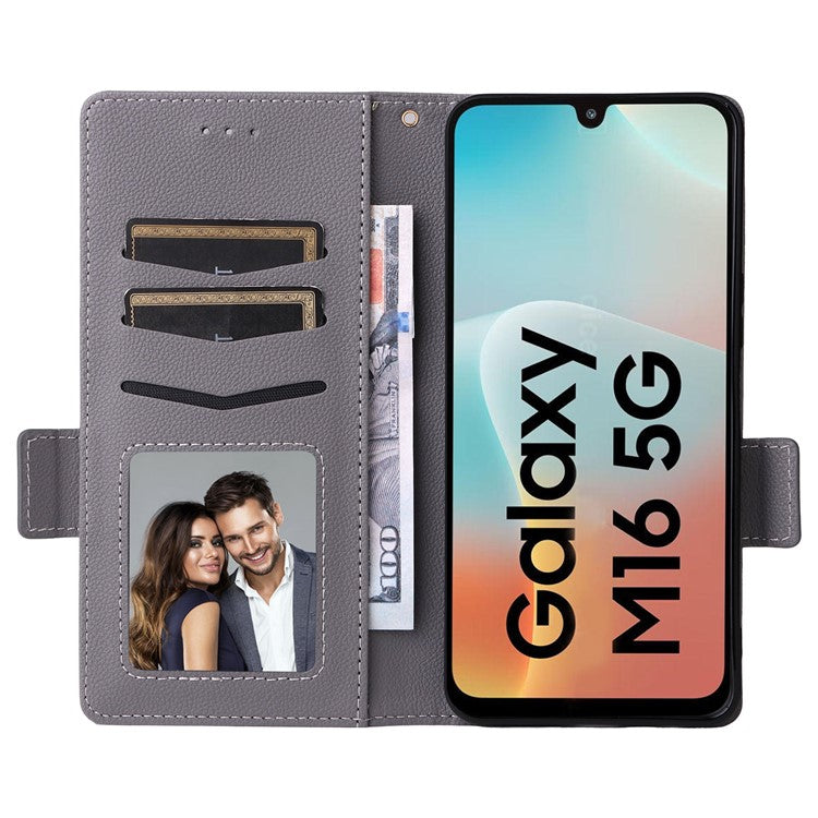 For Samsung Galaxy M16 5G / F16 5G Case with Wrist Strap Litchi Texture PU Leather Wallet Phone Cover - Grey