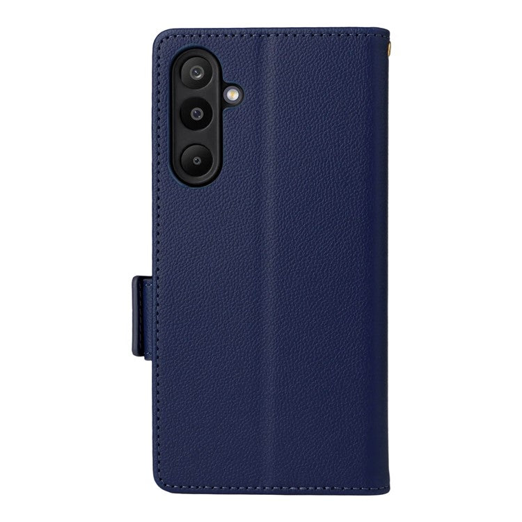 For Samsung Galaxy M16 5G / F16 5G Case with Wrist Strap Litchi Texture PU Leather Wallet Phone Cover - Dark Blue