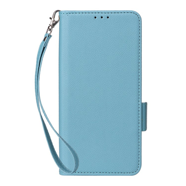 For Samsung Galaxy M16 5G / F16 5G Case with Wrist Strap Litchi Texture PU Leather Wallet Phone Cover - Baby Blue