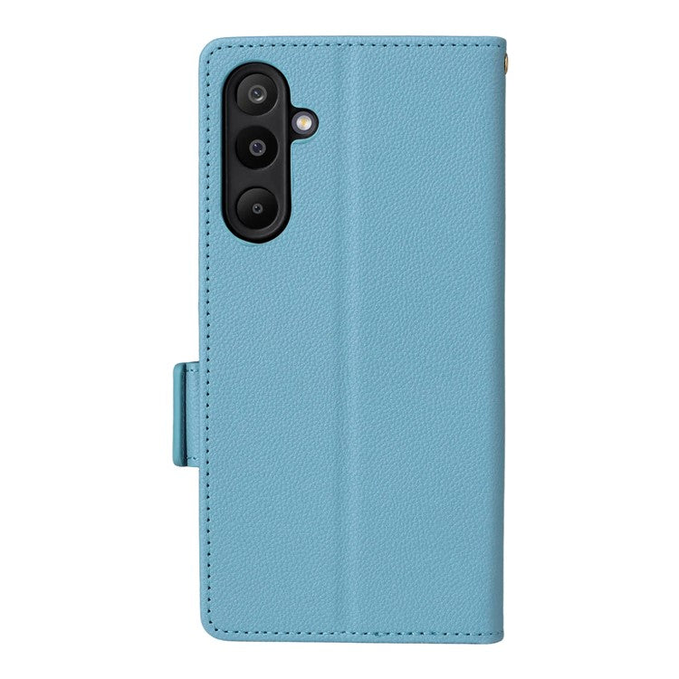 For Samsung Galaxy M16 5G / F16 5G Case with Wrist Strap Litchi Texture PU Leather Wallet Phone Cover - Baby Blue