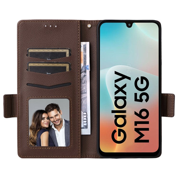 For Samsung Galaxy M16 5G / F16 5G Case with Wrist Strap Litchi Texture PU Leather Wallet Phone Cover - Brown