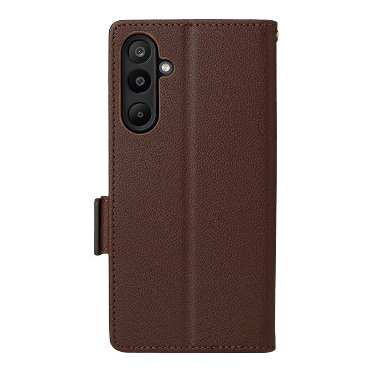 For Samsung Galaxy M16 5G / F16 5G Case with Wrist Strap Litchi Texture PU Leather Wallet Phone Cover - Brown