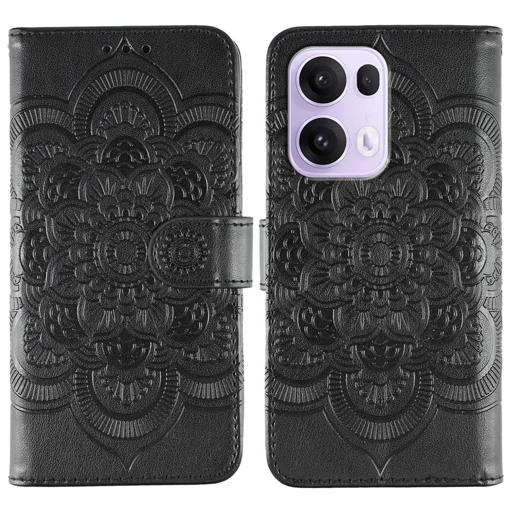 For Oppo Reno13 Pro 5G Case PU Leather Mandala Imprinted Design Wallet Phone Cover - Black