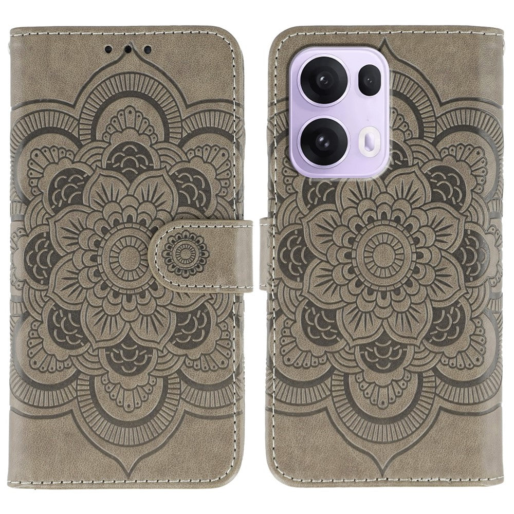 For Oppo Reno13 Pro 5G Case PU Leather Mandala Imprinted Design Wallet Phone Cover - Grey