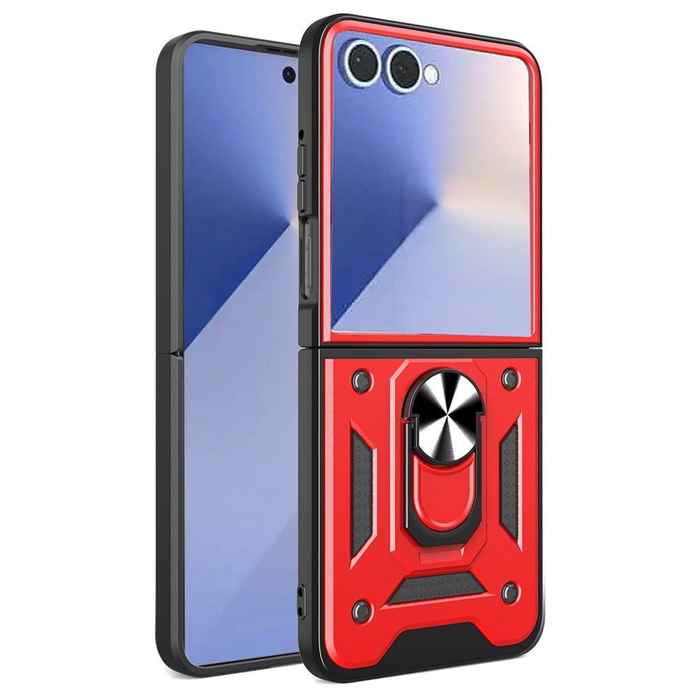 For Samsung Galaxy Z Flip7 5G Case with Slide Camera Lid PC + TPU Kickstand Phone Cover - Red