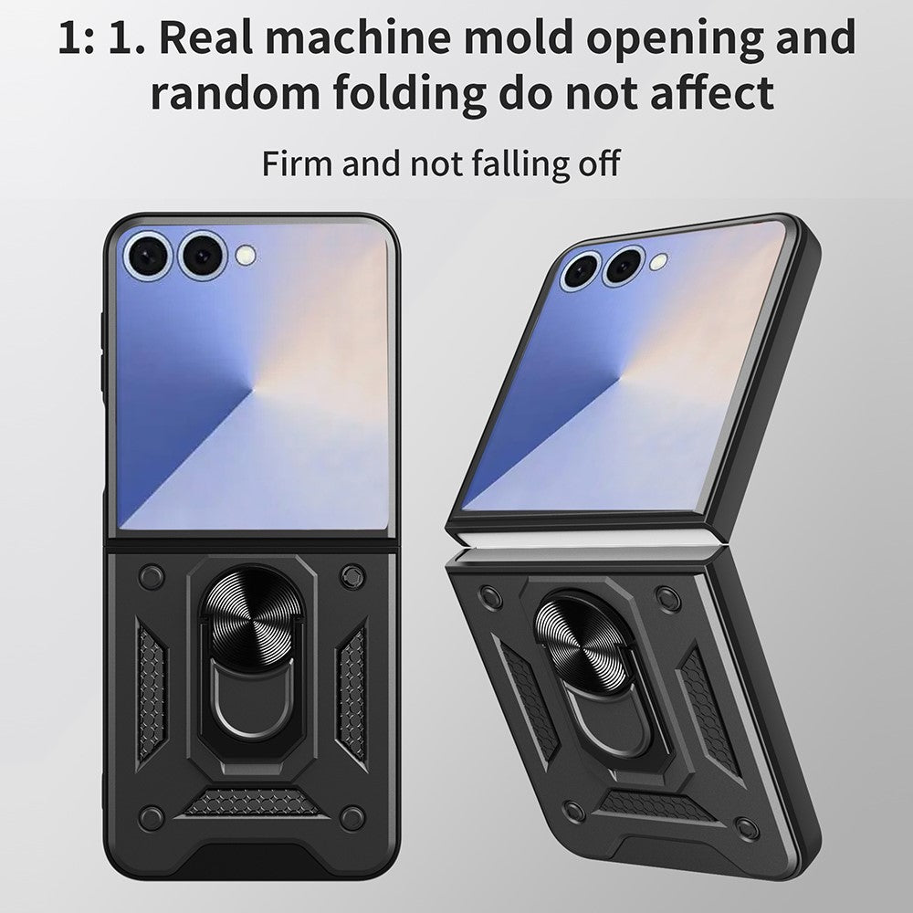 For Samsung Galaxy Z Flip7 5G Case with Slide Camera Lid PC + TPU Kickstand Phone Cover - Gold