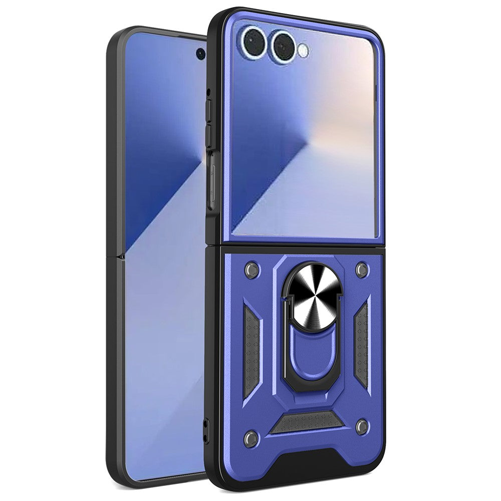 For Samsung Galaxy Z Flip7 5G Case with Slide Camera Lid PC + TPU Kickstand Phone Cover - Blue