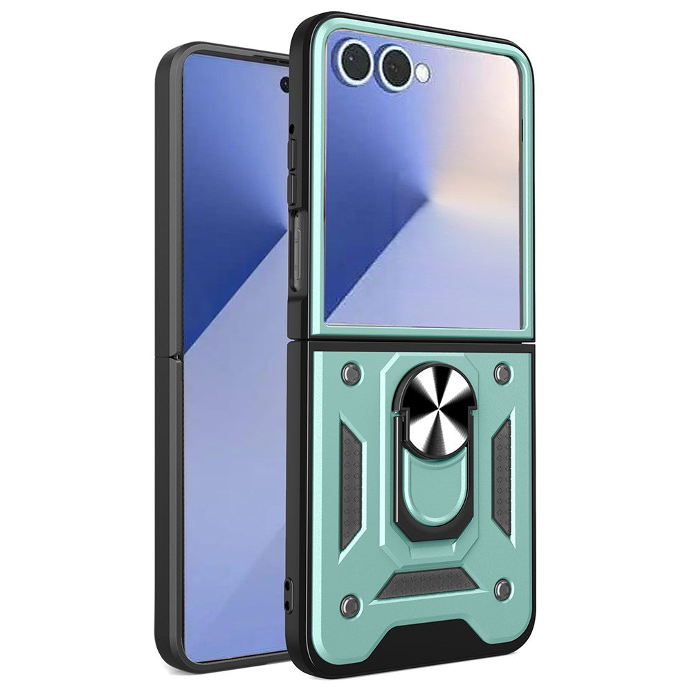 For Samsung Galaxy Z Flip7 5G Case with Slide Camera Lid PC + TPU Kickstand Phone Cover - Green