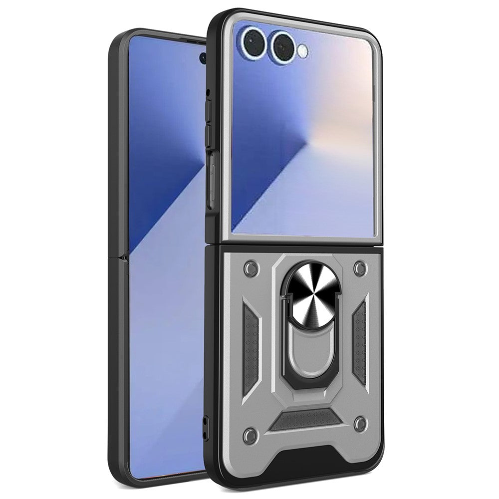 For Samsung Galaxy Z Flip7 5G Case with Slide Camera Lid PC + TPU Kickstand Phone Cover - Silver