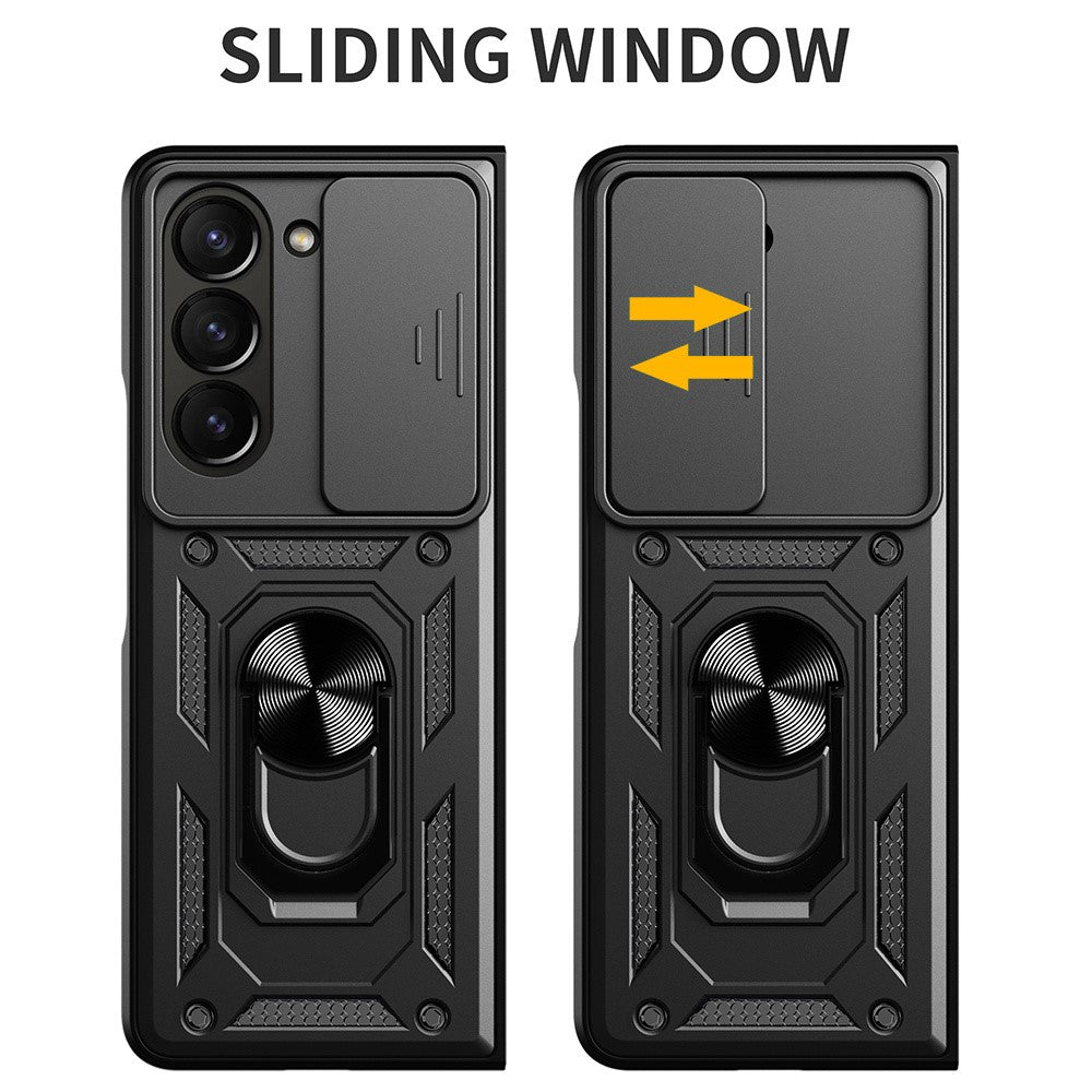 For Samsung Galaxy Z Fold7 5G Case with Slide Camera Lid PC + TPU Kickstand Phone Cover - Black Blue