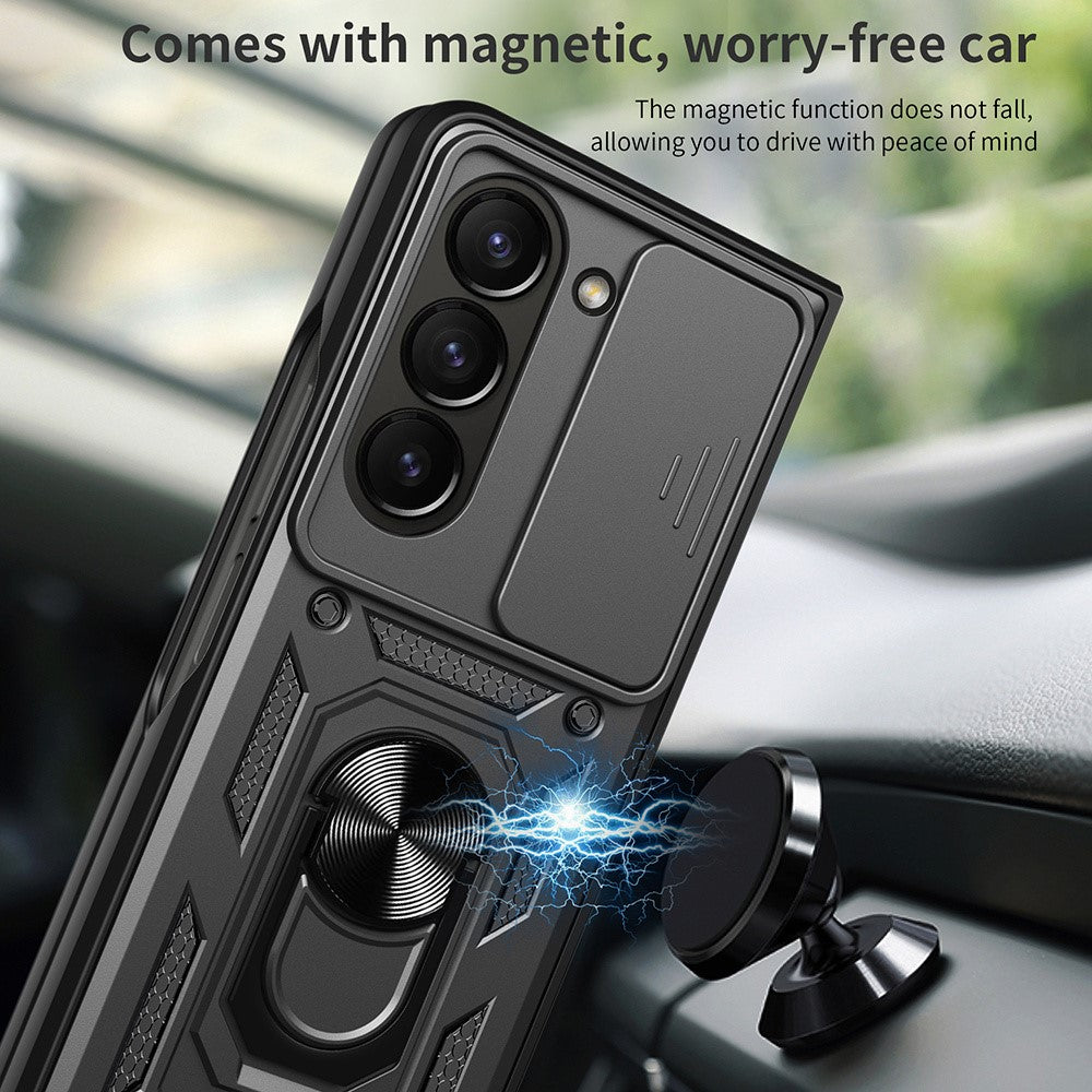 For Samsung Galaxy Z Fold7 5G Case with Slide Camera Lid PC + TPU Kickstand Phone Cover - Black Blue