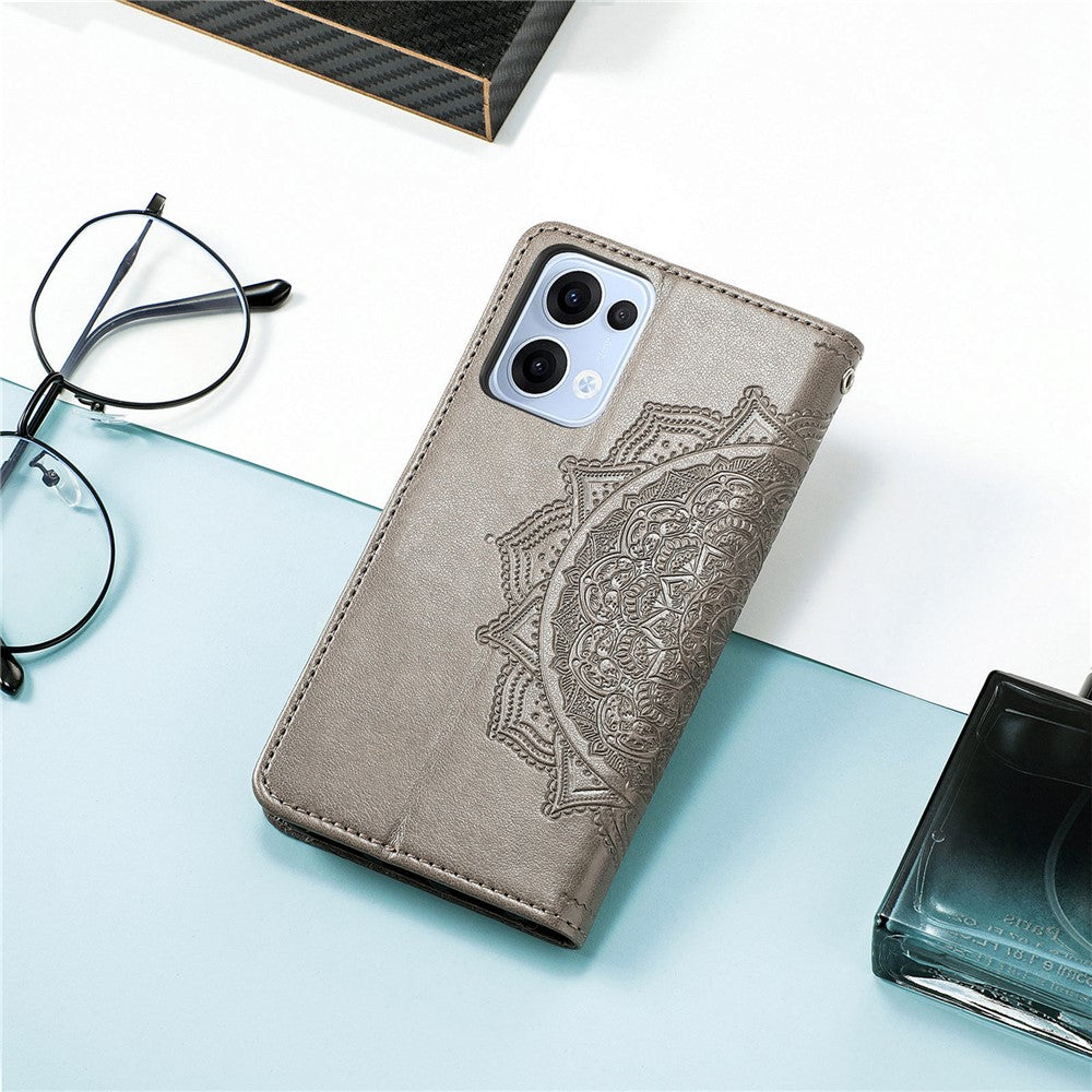 For Oppo Reno13 5G (Global) Wallet Case Mandala Flower Leather Phone Cover Stand - Grey