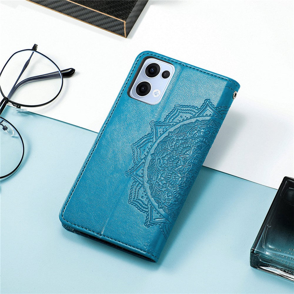 For Oppo Reno13 5G (Global) Wallet Case Mandala Flower Leather Phone Cover Stand - Blue