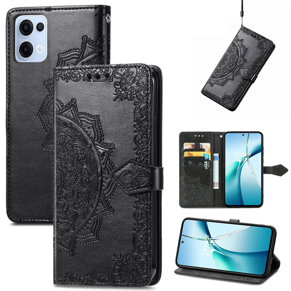 For Oppo Reno13 5G (Global) Wallet Case Mandala Flower Leather Phone Cover Stand - Black