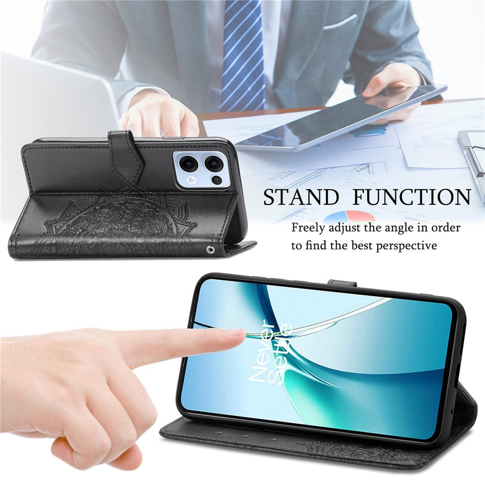 For Oppo Reno13 5G (Global) Wallet Case Mandala Flower Leather Phone Cover Stand - Black
