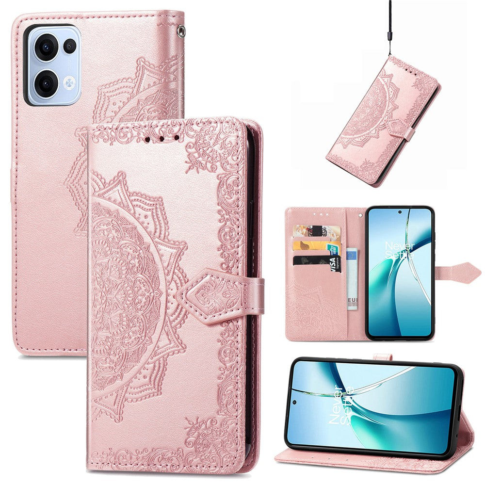 For Oppo Reno13 5G (Global) Wallet Case Mandala Flower Leather Phone Cover Stand - Rose Gold