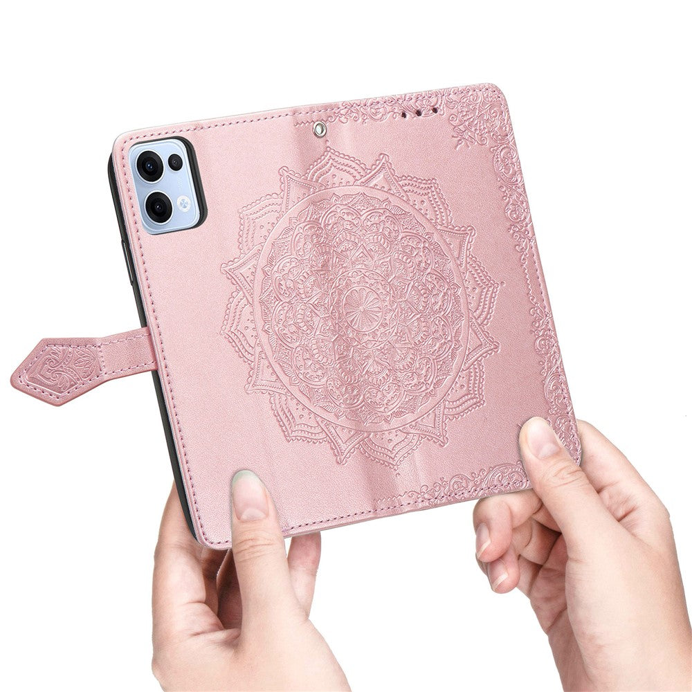 For Oppo Reno13 5G (Global) Wallet Case Mandala Flower Leather Phone Cover Stand - Rose Gold