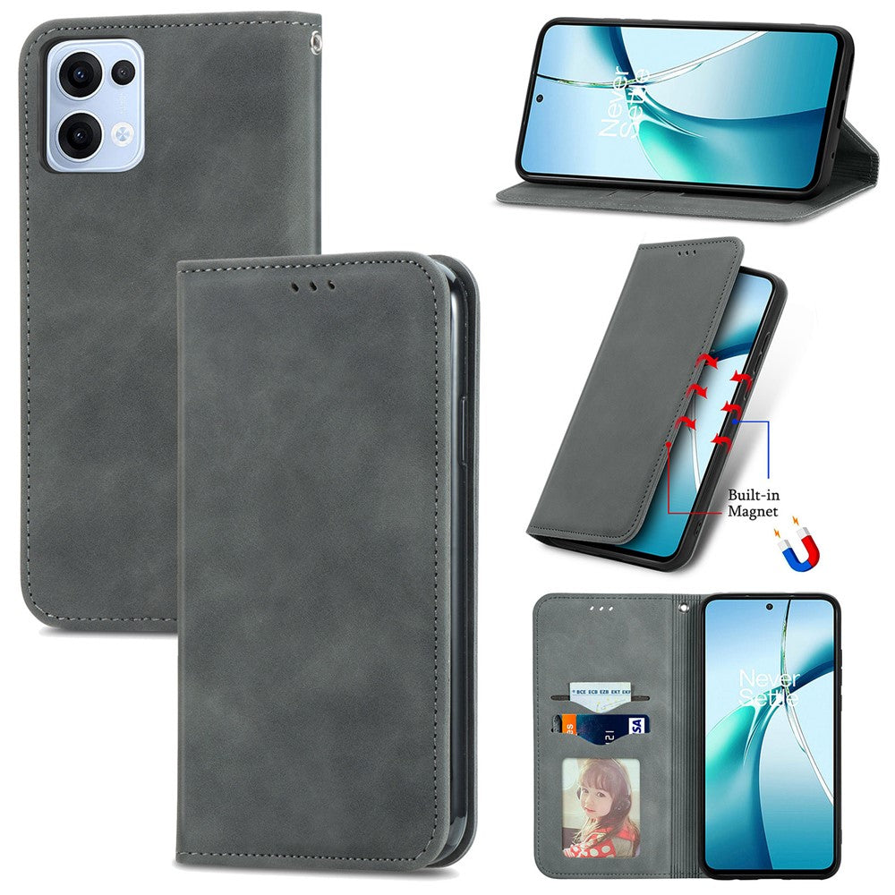 For Oppo Reno13 5G (Global) Leather Case with Card Holder Magnetic Absorption Phone Cover - Grey