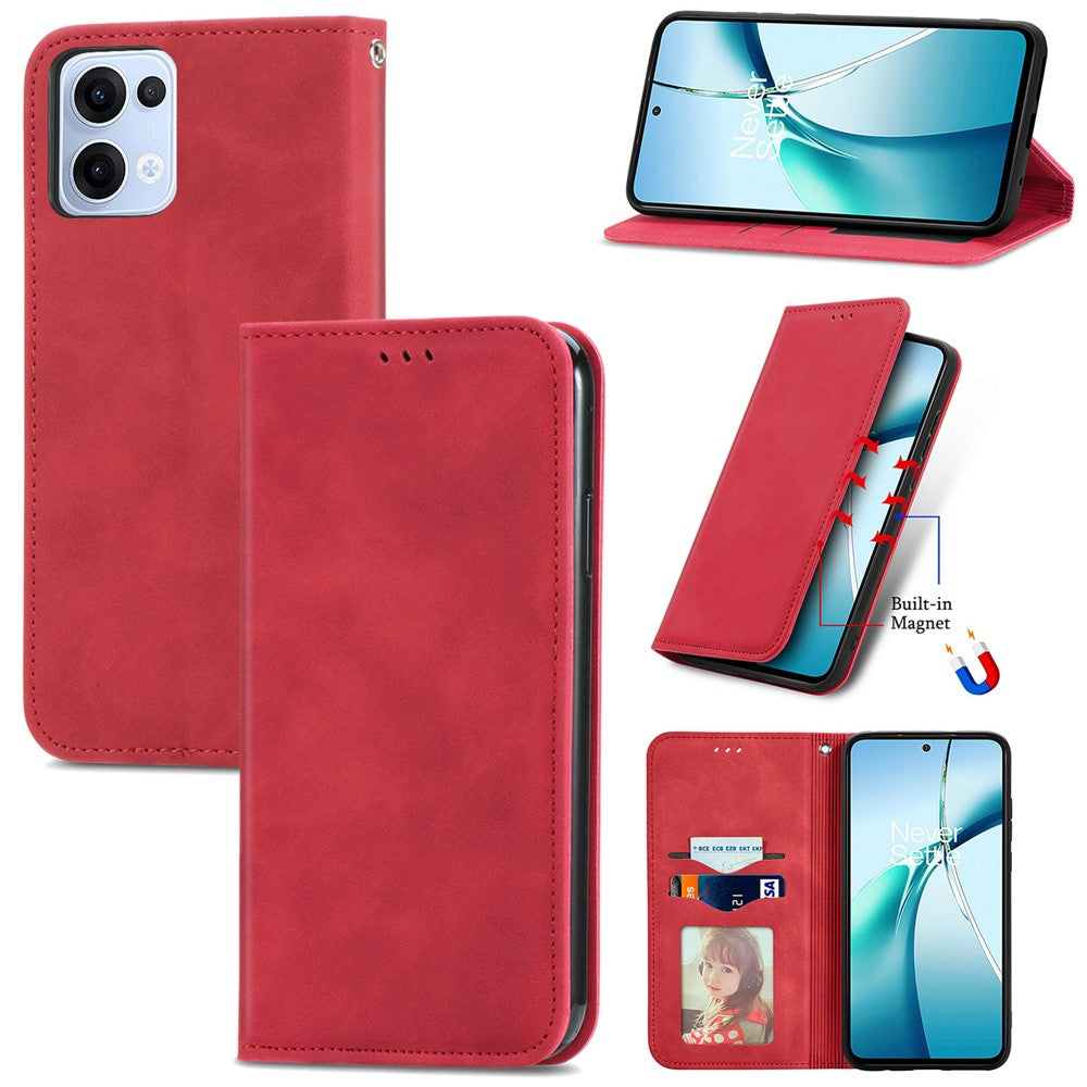 For Oppo Reno13 5G (Global) Leather Case with Card Holder Magnetic Absorption Phone Cover - Red