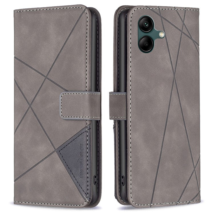 BINFEN COLOR For Samsung Galaxy F06 5G / M06 5G Phone Cases Wallet Stand Geometry Imprinted Leather Cover - Grey