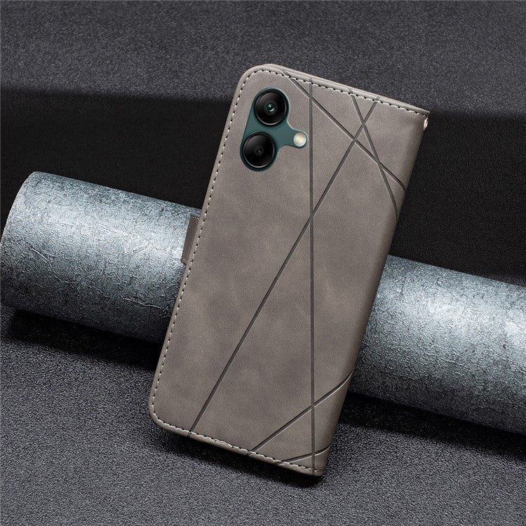 BINFEN COLOR For Samsung Galaxy F06 5G / M06 5G Phone Cases Wallet Stand Geometry Imprinted Leather Cover - Grey