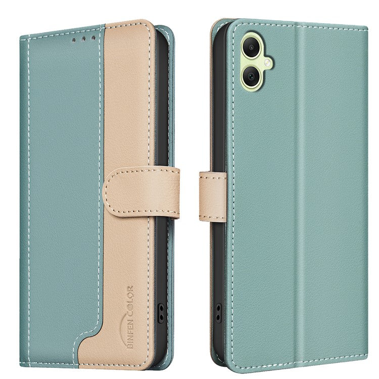 BINFEN COLOR BF33 For Samsung Galaxy F06 5G / M06 5G Leather Case Splicing Color RFID Blocking Wallet Stand Phone Cover - Green