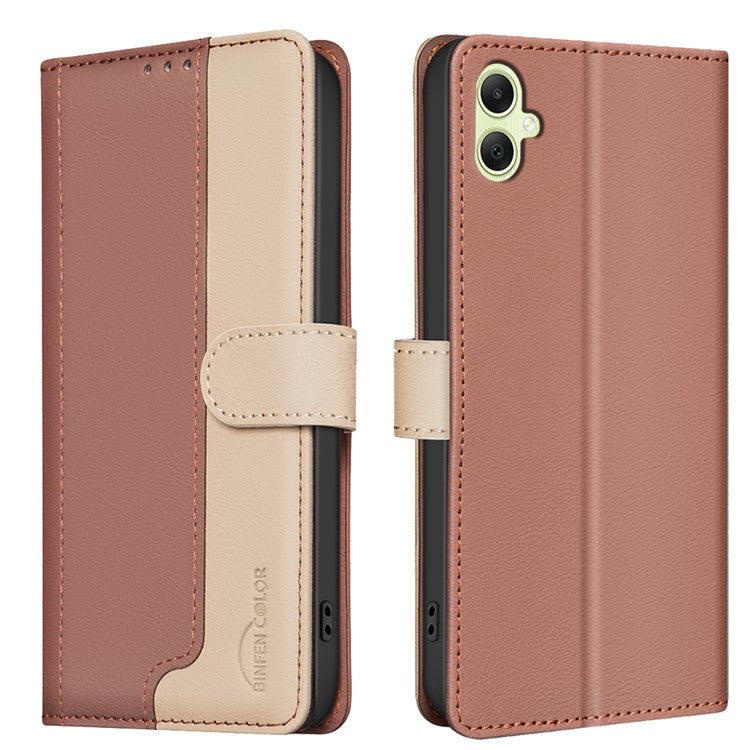 BINFEN COLOR BF33 For Samsung Galaxy F06 5G / M06 5G Leather Case Splicing Color RFID Blocking Wallet Stand Phone Cover - Brown