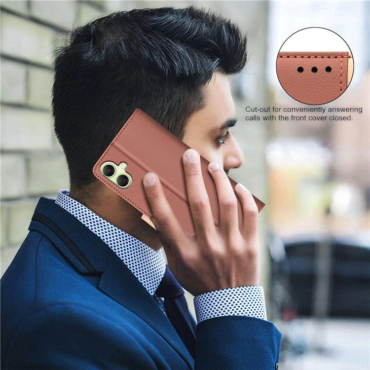 BINFEN COLOR BF33 For Samsung Galaxy F06 5G / M06 5G Leather Case Splicing Color RFID Blocking Wallet Stand Phone Cover - Brown
