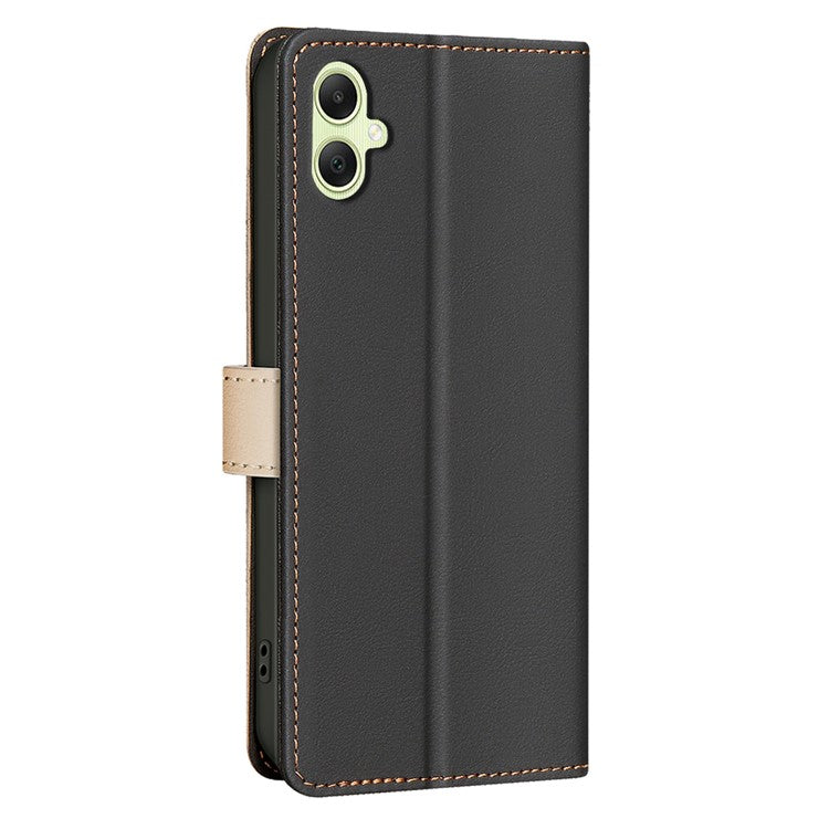 BINFEN COLOR BF33 For Samsung Galaxy F06 5G / M06 5G Leather Case Splicing Color RFID Blocking Wallet Stand Phone Cover - Black