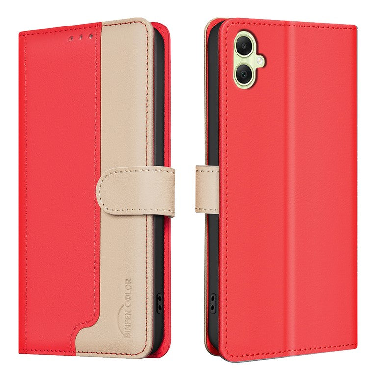 BINFEN COLOR BF33 For Samsung Galaxy F06 5G / M06 5G Leather Case Splicing Color RFID Blocking Wallet Stand Phone Cover - Red