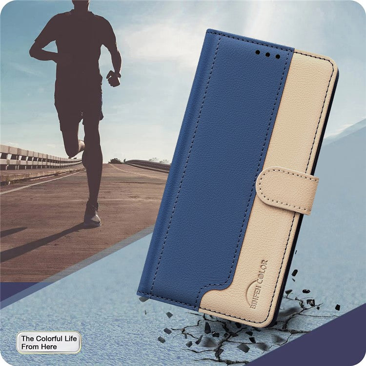 BINFEN COLOR BF33 For Samsung Galaxy F06 5G / M06 5G Leather Case Splicing Color RFID Blocking Wallet Stand Phone Cover - Blue