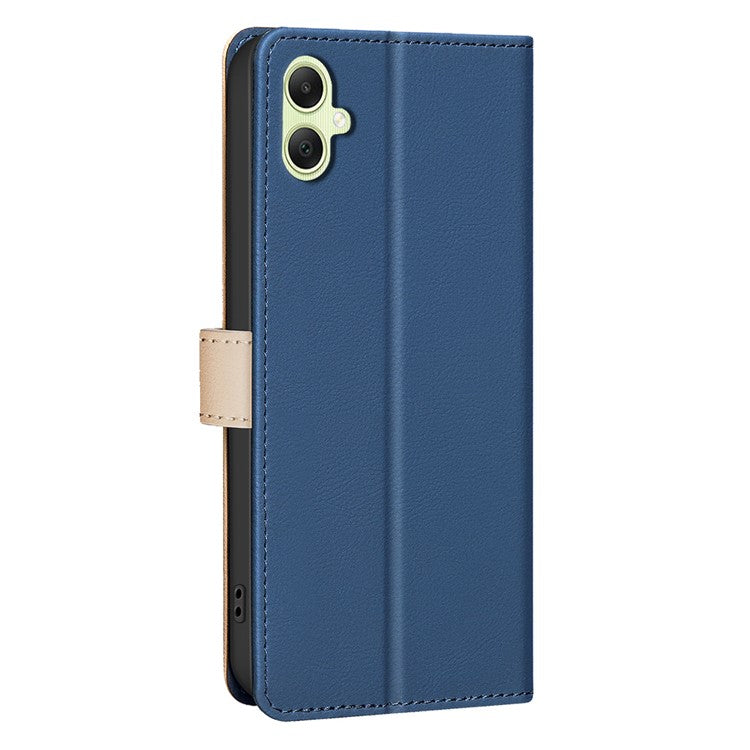 BINFEN COLOR BF33 For Samsung Galaxy F06 5G / M06 5G Leather Case Splicing Color RFID Blocking Wallet Stand Phone Cover - Blue