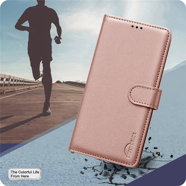 BINFEN COLOR BF32 For Samsung Galaxy F06 5G / M06 5G Leather Case Wallet RFID Blocking Phone Cover - Rose Gold