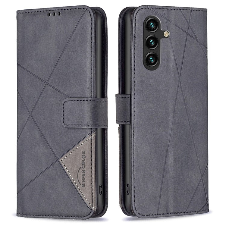 BINFEN COLOR For Samsung Galaxy F16 5G / M16 5G Phone Cases Wallet Stand Geometry Imprinted Leather Cover - Black