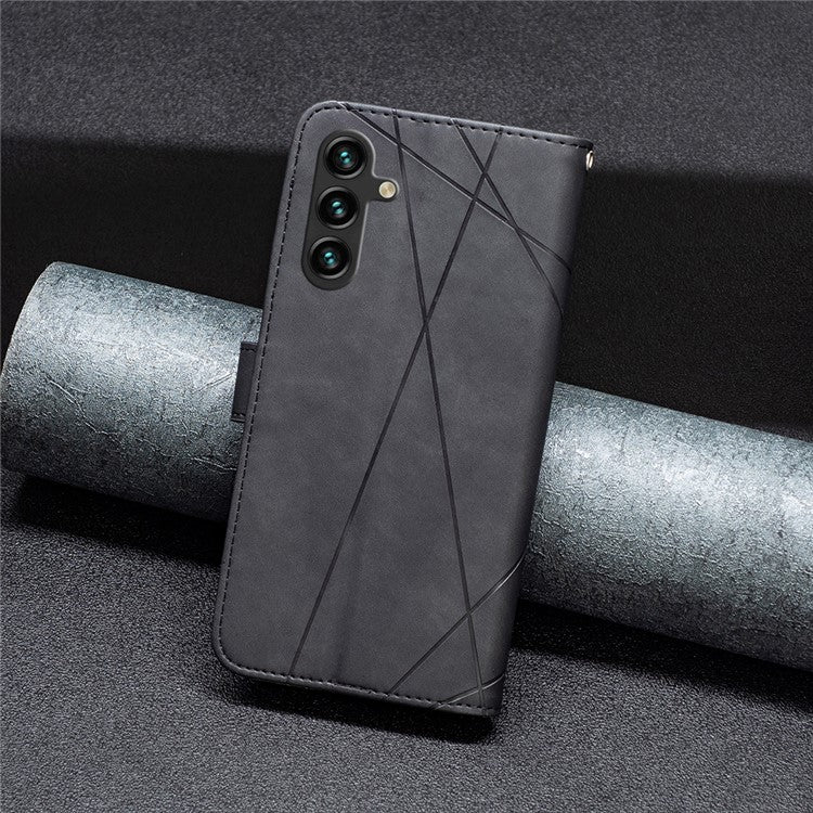 BINFEN COLOR For Samsung Galaxy F16 5G / M16 5G Phone Cases Wallet Stand Geometry Imprinted Leather Cover - Black