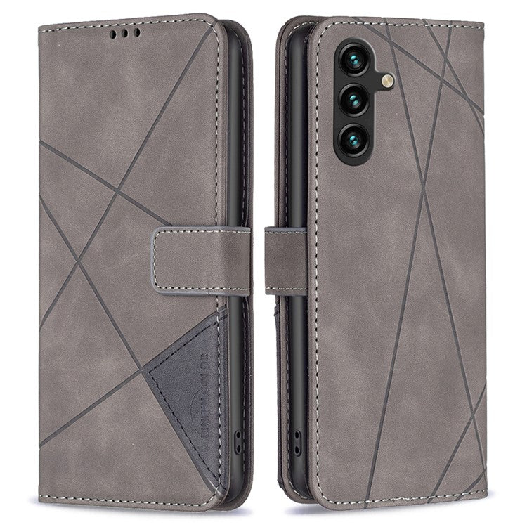 BINFEN COLOR For Samsung Galaxy F16 5G / M16 5G Phone Cases Wallet Stand Geometry Imprinted Leather Cover - Grey