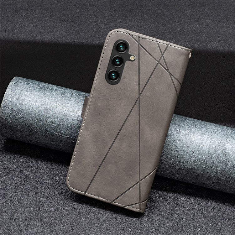 BINFEN COLOR For Samsung Galaxy F16 5G / M16 5G Phone Cases Wallet Stand Geometry Imprinted Leather Cover - Grey