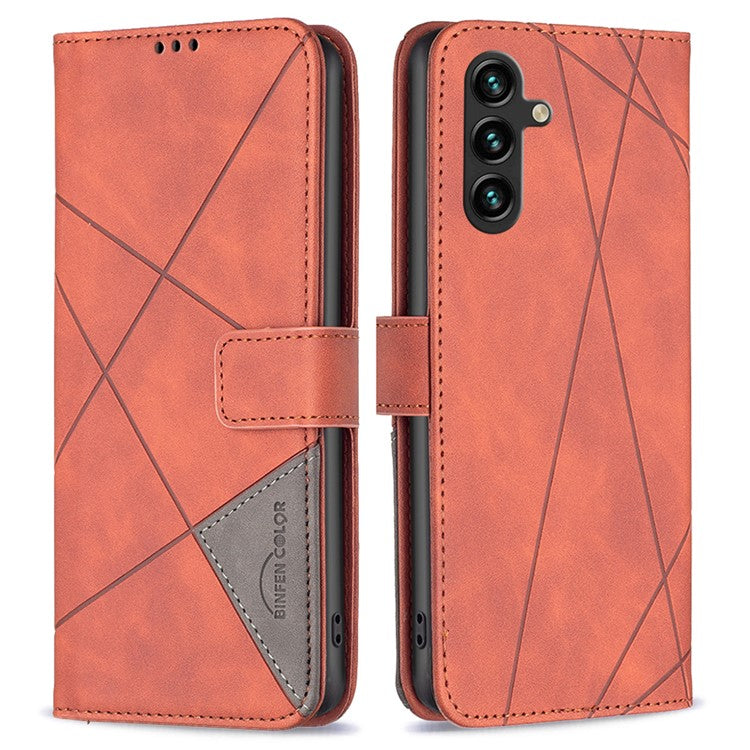 BINFEN COLOR For Samsung Galaxy F16 5G / M16 5G Phone Cases Wallet Stand Geometry Imprinted Leather Cover - Brown