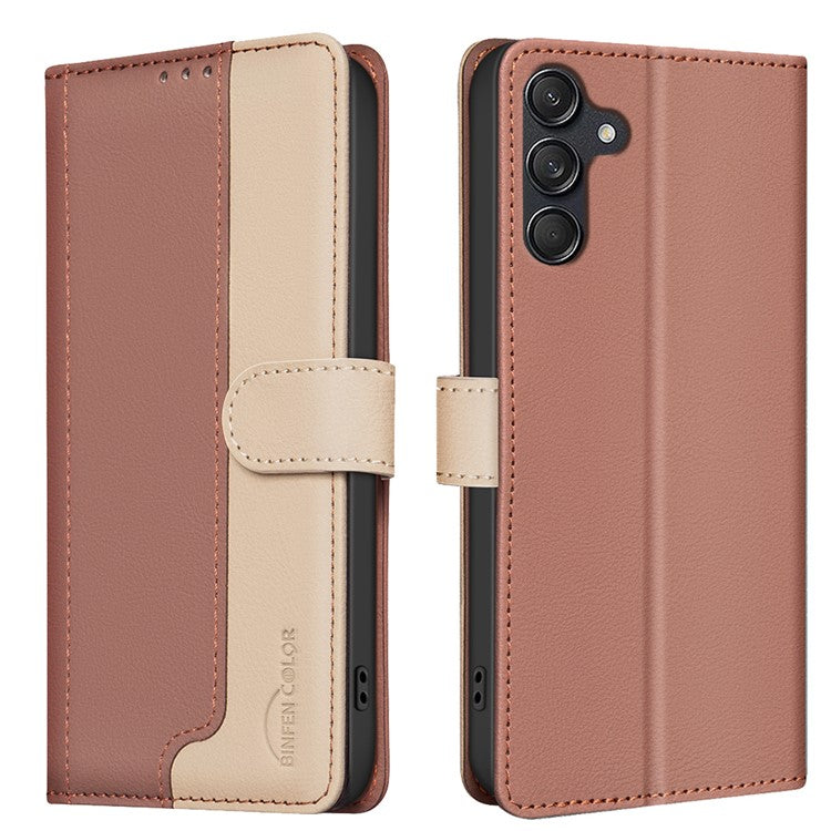 BINFEN COLOR BF33 For Samsung Galaxy F16 5G / M16 5G Leather Case Splicing Color RFID Blocking Wallet Stand Phone Cover - Brown