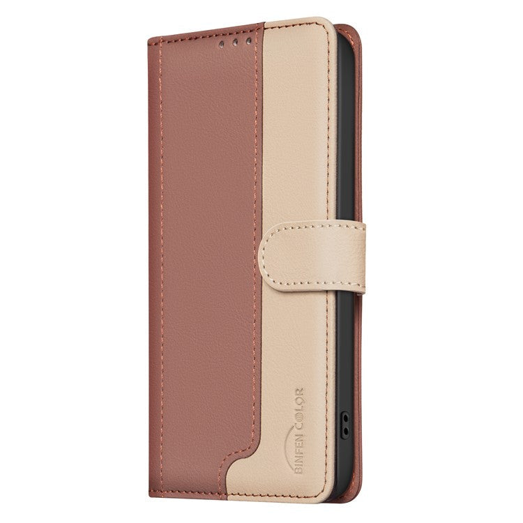 BINFEN COLOR BF33 For Samsung Galaxy F16 5G / M16 5G Leather Case Splicing Color RFID Blocking Wallet Stand Phone Cover - Brown