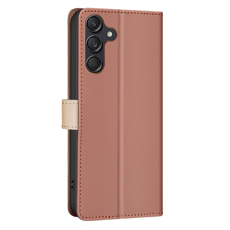 BINFEN COLOR BF33 For Samsung Galaxy F16 5G / M16 5G Leather Case Splicing Color RFID Blocking Wallet Stand Phone Cover - Brown